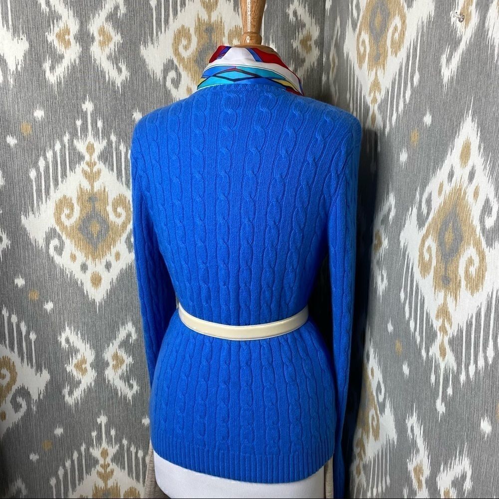 Ralph Lauren Blue Cashmere Mitered Cable Knit V-Neck Long Sleeve Sweater - Picture 10 of 16